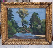 Nagybányai festő: Vízparti fák - azonosítatlan jelzéssel (olaj-vászon, keretben) 20. sz. eleje