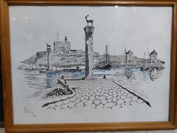 Rodoszi kikötő, ceruzarajz, 30 x 40 cm-es nagyságú alkotás. 4053b