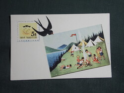 Képeslap,Iskolai takarékbélyeg gyűjtés,grafikai rajzos,Samu Józsefné,fecske bélyeg tábor,1950-