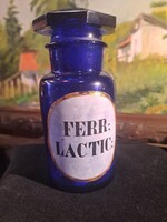 ANTIK GYÓGYSZERTÁRI KOBALTKÉK PATIKA ÜVEG FERR LACTIC