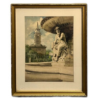 Burghardt József (1880-?) Szökőkút a templomtéren - üvegezett antik keretben /számlát adunk/