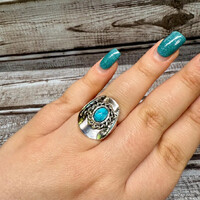 Handmade Tibetan Silver Cowboy Hat Ring with Natural Turquoise Stone