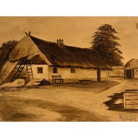 Bakófay Frigyes: Parasztház nádtetővel- nagyon régi, múltat idéző akvarell munka /számlát adunk/