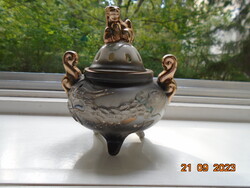 Satsuma moriage kupolás füstölő dombor pikkelyes sárkánnyal,aranyozott Foo kutyával kézi japán jelzé