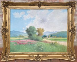 122x97cm !! Zorkóczy Gyula (1873 - 1932) Virágos Mező Táj c. olajfestménye EREDETI GARANCIÁVAL !