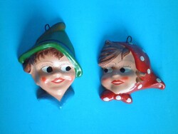 Vintage kézzel festett kerámia fiú lány fej fali, vagy ajtó dísz.