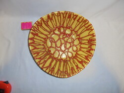 Retro kerámia falitál, falitányér, asztalközép, sárga alapon vörös mázas díszítés - Gorka?