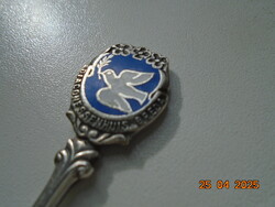 Holland vintage ezüstözött souvenir kiskanál zománc fehér galambbal BREDA Diakonissza Ház