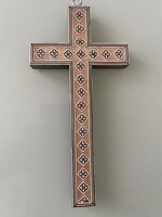 Antik fa kereszt gyöngyház csont berakásos intarziával kézi munka.nagyobb.
