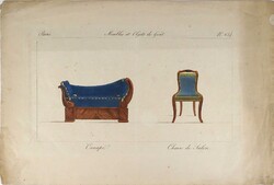 1X225 Antik 19. századi bútor lap nyomat, színezett litográfia