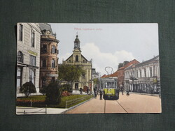 Képeslap,Pécs,Irgalmasok utcája,templom,villamos megálló,üzletek,D. és M. kiadás Bp.,1914-