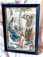 Nagy méretű, vintage üvegezett szentkép. A Szent Család.
