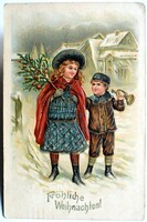 Antik dombornyomott Karácsonyi litho képeslap arannyal - gyerekek karácsonyfával, téli táj trombita