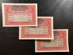 ***  3 db sorszámkövető UNC 1917-es 2 korona ***