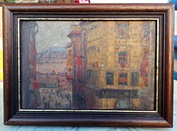 Aradi Edvi Illés Jenő: Nagyvárosi utcakép (olaj-fa)