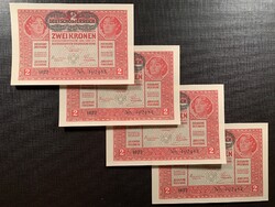 ***  4 db sorszámkövető UNC 1917-es 2 korona ***