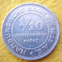 Weimar Hamburg 1/10 Mark alu szükségpénz aUNC 1923 Ritka
