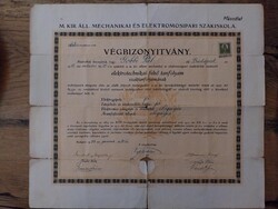 Régi bizonyítvány elekrotechnikai tanfolyamról,1934-ből, régi dokumentum, papírrégiség
