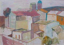 József Litkei: Small Town (1974) large watercolor painting