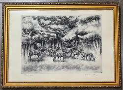 Kórusz József -Dámvadak-Vadászati  támáju rézkarc-