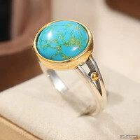 HANDMADE TIBETAN SILVER RING WITH TURQUOISE STONE IN GOLD PLATE