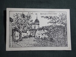 Képeslap,Pécs,Bástyafal a Citrom utcában,Schöner frigyes tollrajza,1930-