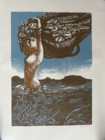 Ferenc Töreky (1922-2016): color lithograph, female nude in bath