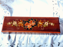 Régi, fa kézzel festett 42 cm-es, kötőtű, horgolótű tartó doboz