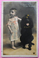 Antik fotó képeslap - kisfiú uszkár kutyával    1907