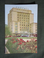 Postcard, Romania, Brașov, Brassó, Carpati Hotel, bus, cityscape, detail, 1960-