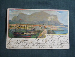 Képeslap,litho,Olaszország,Palermo,kikötő,vitorlás hajó látkép,részlet,1900-