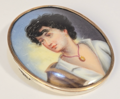 Antik, kézzel festett miniatúra - porcelán bross arany+ezüst keretben /1800-as évek eleje