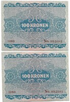 2 x 100 korona kronen 1922 Ausztria Magyarország UNC.