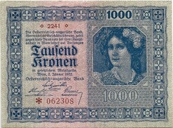 1000 korona kronen 1922 Ausztria Magyarország aUNC