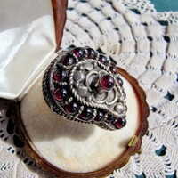 Ottoman Empire style, 925 silver high table filigree beaded garnet ring