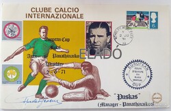 Puskás Ferenc által dedikált emlékboríték Panathinaikos Ajax BEK.  Aranycsapat, futball, foci, labda