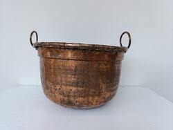 Réz üst antik bogrács konyhai vörösréz nagy edény réz füllel ónozás nyomaival peremén repedések 537