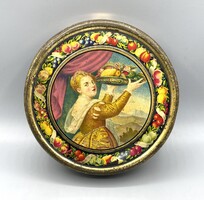 Régi kerek Weiss Manfréd GLOBUS cukrozott gyümölcsös fémdoboz 1930