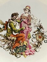 Nagy méretű antik kézzel festett jelenetes fajansz fali tányér ..