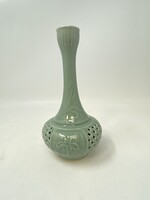 Észak-koreai dupla- és áttört falú zöld mázas kecses kerámia váza (17cm) - RZG