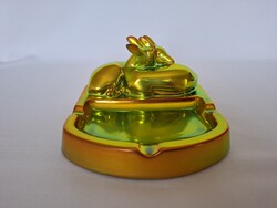 Zsolnay Eozin, Őzpár dísztál aranysárga színben. Ritka!