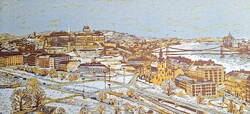 Csavlek András: Budapesti látkép (nagyméretű színes linómetszet) Budai Vár, Duna, Lánchíd