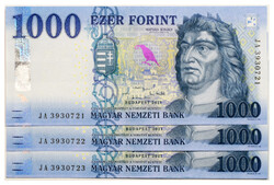 1000 Forint Bankjegy 2021 JA aUNC forgalmi sorszámkövető 3db