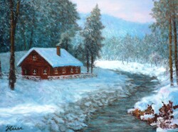 Téli táj patakkal * Nívós olajfestmény * Hüse J. * Jegyzett * Meghívó *