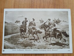Antik művészlap, Anton Hoffmann:Ballon Verfolgung durch Husaren, Huszárok, postatiszta