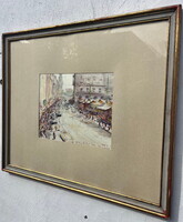Diósy Antal (1895 - 1977) Graz hauptplatz 1957 VII.18 akvarell festménye