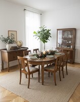 Antik étkező garnitúra – ovális asztallal, 6 székkel, vitrines és fiókos tálaló szekrénnyel