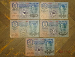 20 KORONA KRONEN 5 DB !!! II.KIADÁS  1913   OSZTRÁK-MAGYAR MONARCHIA