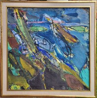 113x113cm! Veress Sándor László (1934 - ) Viharos Vízpart Képcsarnokos EREDETI GARANCIÁVAL !