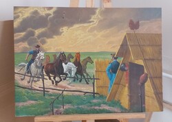 Tábory szignós lovas életkép festmény   69x51 cm. Sérülések fotózva.